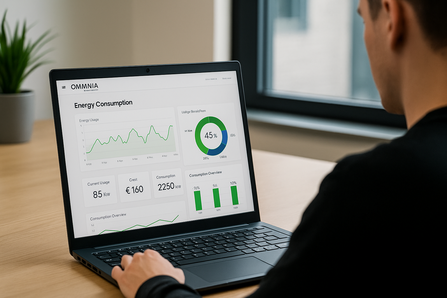 Persoon analyseert energieverbruik op een laptop met dashboardweergave van grafieken, verbruiksgegevens en besparingspercentages in een kantooromgeving.