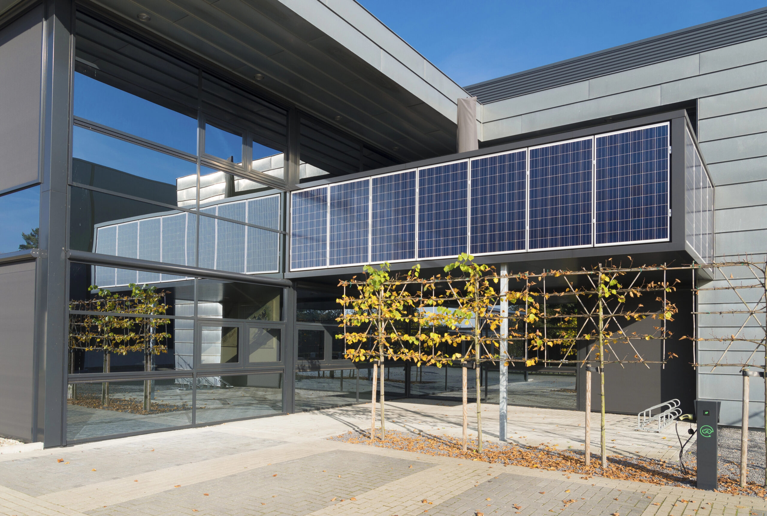 Modern kantoorpand met zonnepanelen en jonge leibomen aan de voorzijde, symbool voor duurzame nieuwbouw.